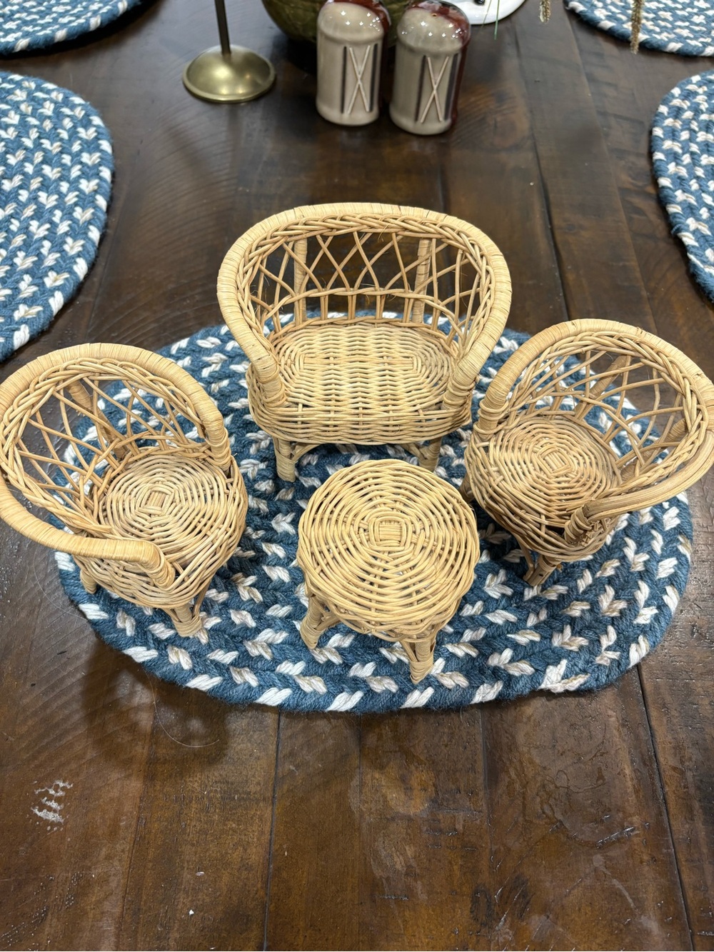 Vintage 70's  80's Natural Wicker Miniature Doll House Chair and Table Set